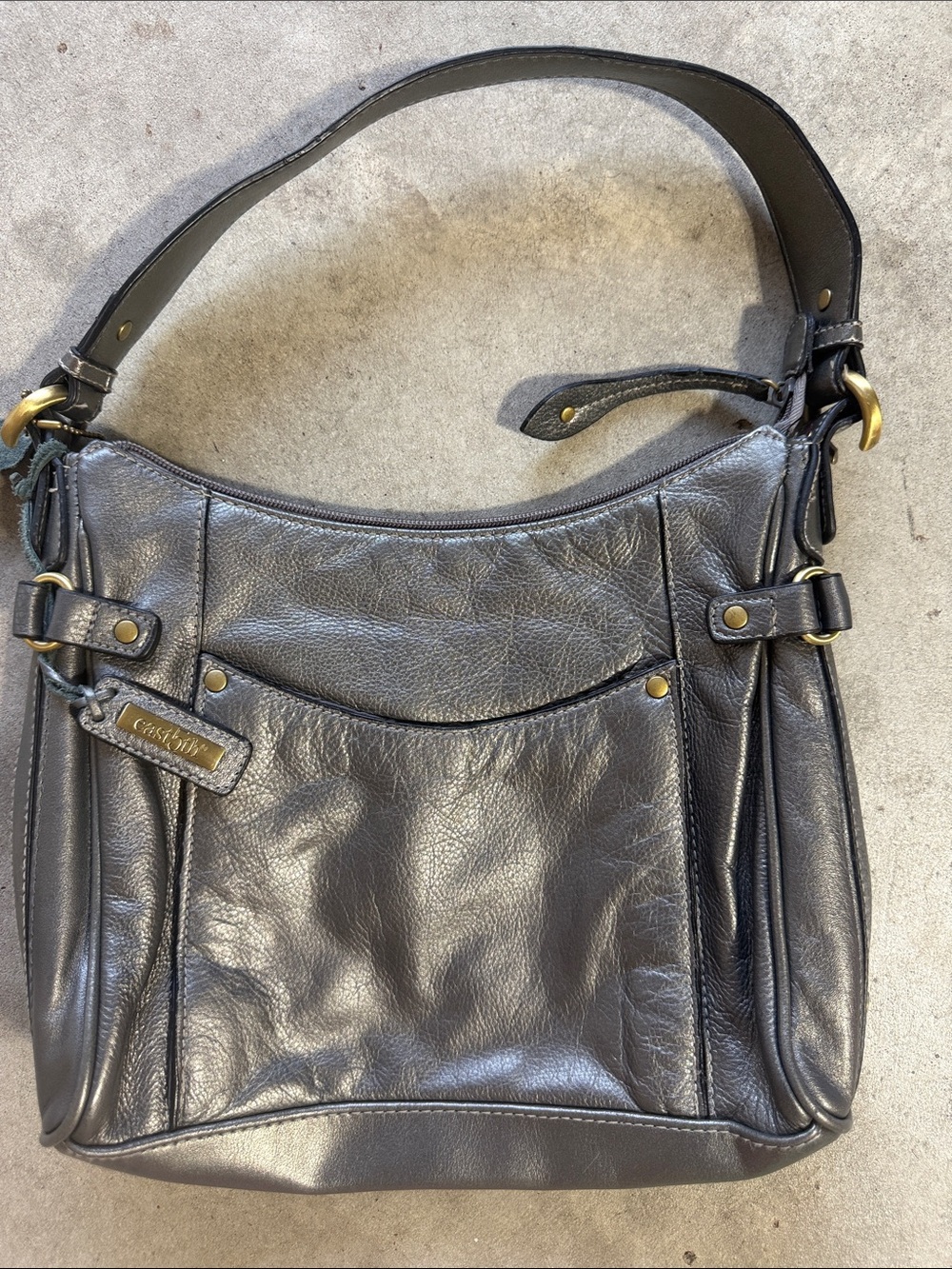 East 5th Black Leather Shoulder Bag with Brass Hardware